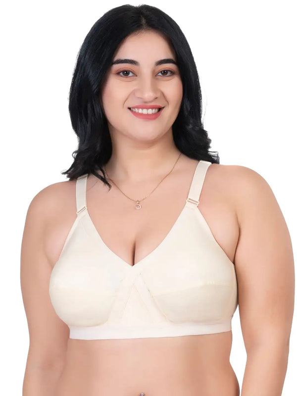 Komli Minimiser Cross Fit Bra - 100% Cotton - Non-Padded - Full Coverage, Broad Straps, Wireless Seamed Bra (K-9325-SKIN)