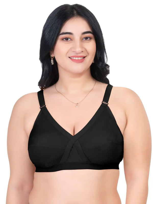 Komli Minimiser Cross Fit Bra - 100% Cotton - Non-Padded - Full Coverage, Broad Straps, Wireless Seamed Bra (K-9325-BLACK)