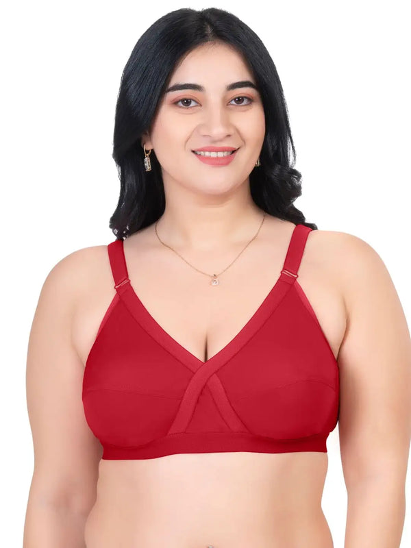 Komli Minimiser Cross Fit Bra - 100% Cotton - Non-Padded - Full Coverage, Broad Straps, Wireless Seamed Bra (K-9325-RED)