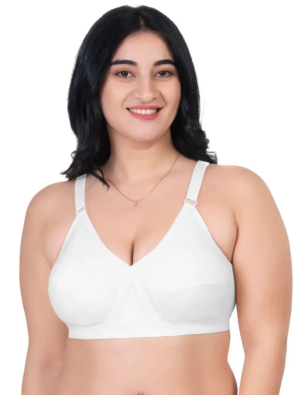 Komli Minimiser Cross Fit Bra - 100% Cotton - Non-Padded - Full Coverage, Broad Straps, Wireless Seamed Bra (K-9325-WHITE)