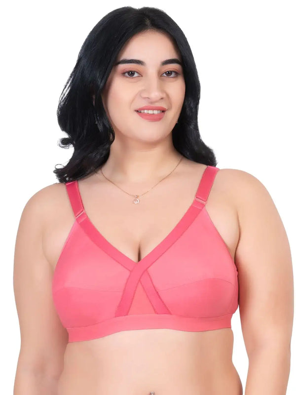 Komli Minimiser Cross Fit Bra - 100% Cotton - Non-Padded - Full Coverage, Broad Straps, Wireless Seamed Bra (K-9325-CORAL)