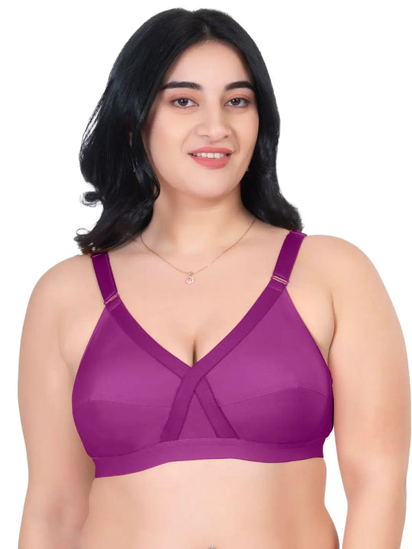 Komli Minimiser Cross Fit Bra - 100% Cotton - Non-Padded - Full Coverage, Broad Straps, Wireless Seamed Bra (K-9325-MAGENTA)