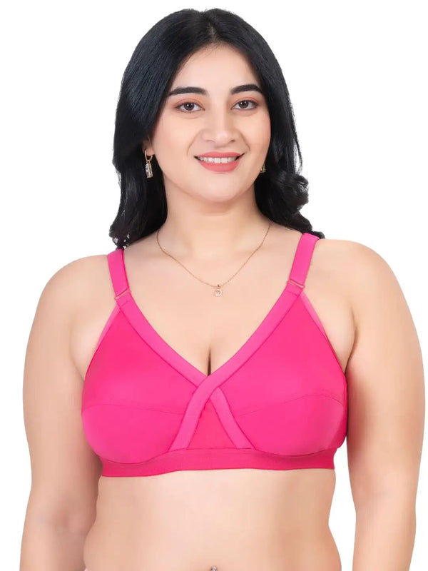 Komli Minimiser Cross Fit Bra - 100% Cotton - Non-Padded - Full Coverage, Broad Straps, Wireless Seamed Bra (K-9325-Dark Pink)