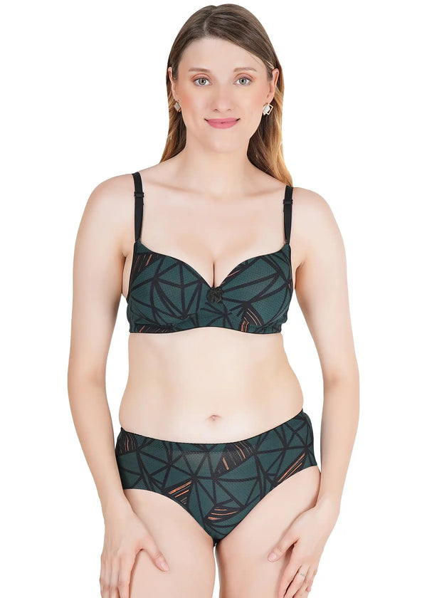 Intimist - Heavily Padded Push-Up Bra - Soft Polyamide Fabric - Seamless, Wireless, 3/4th Coverage, Multiway Straps - Printed Bra Panty Set (I-15503-PR)